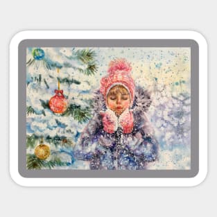 Winter girl blowing snow Sticker